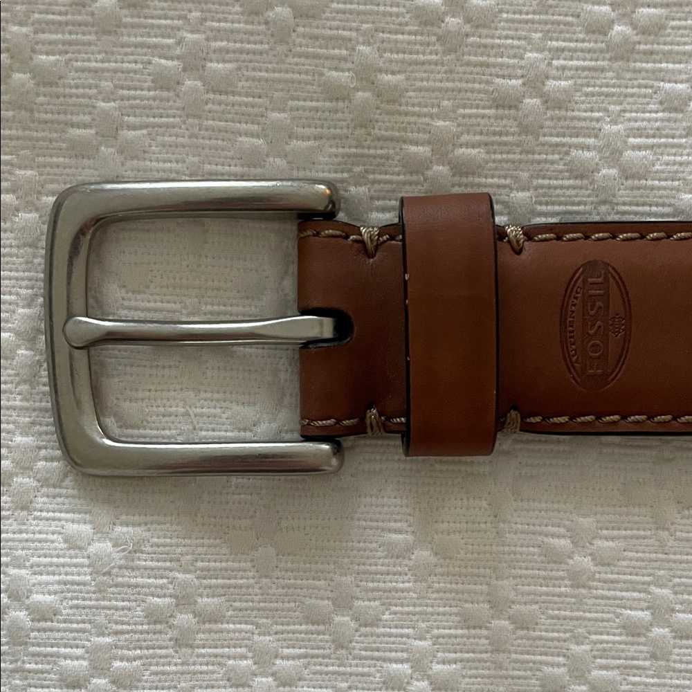 Fossil Tan Leather Belt with Silver Buckle (34”)
